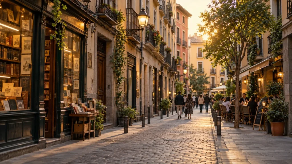 Barrio de las Letras street in central Madrid at golden hour