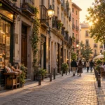 Barrio de las Letras street in central Madrid at golden hour
