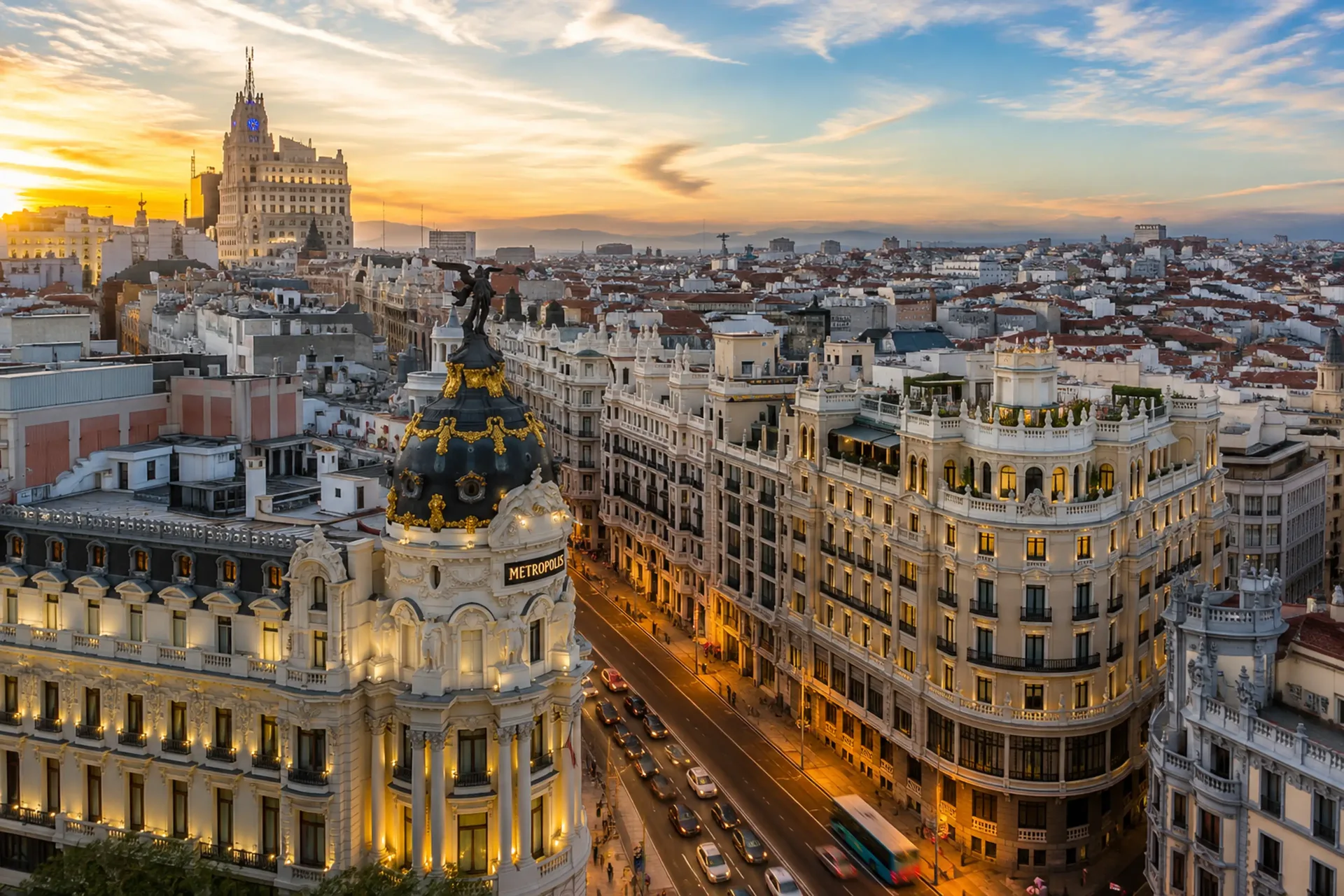 Madrid skyline and Gran Vía at sunset