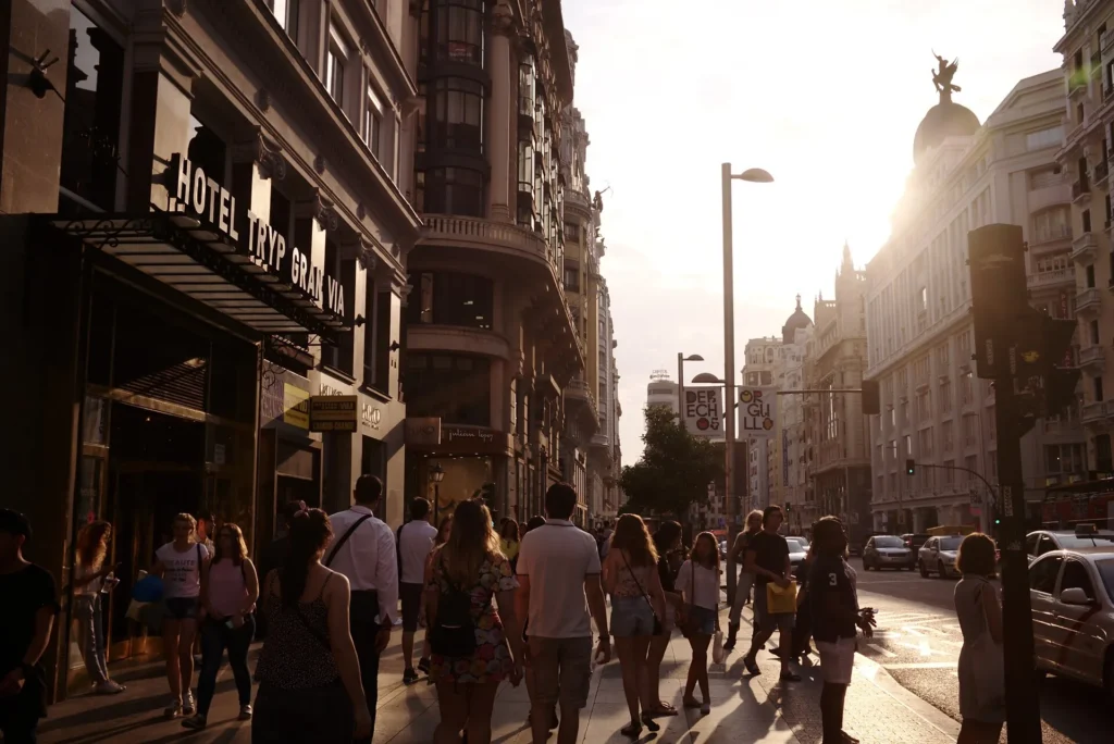 Gran Vía in central Madrid during an evening walk