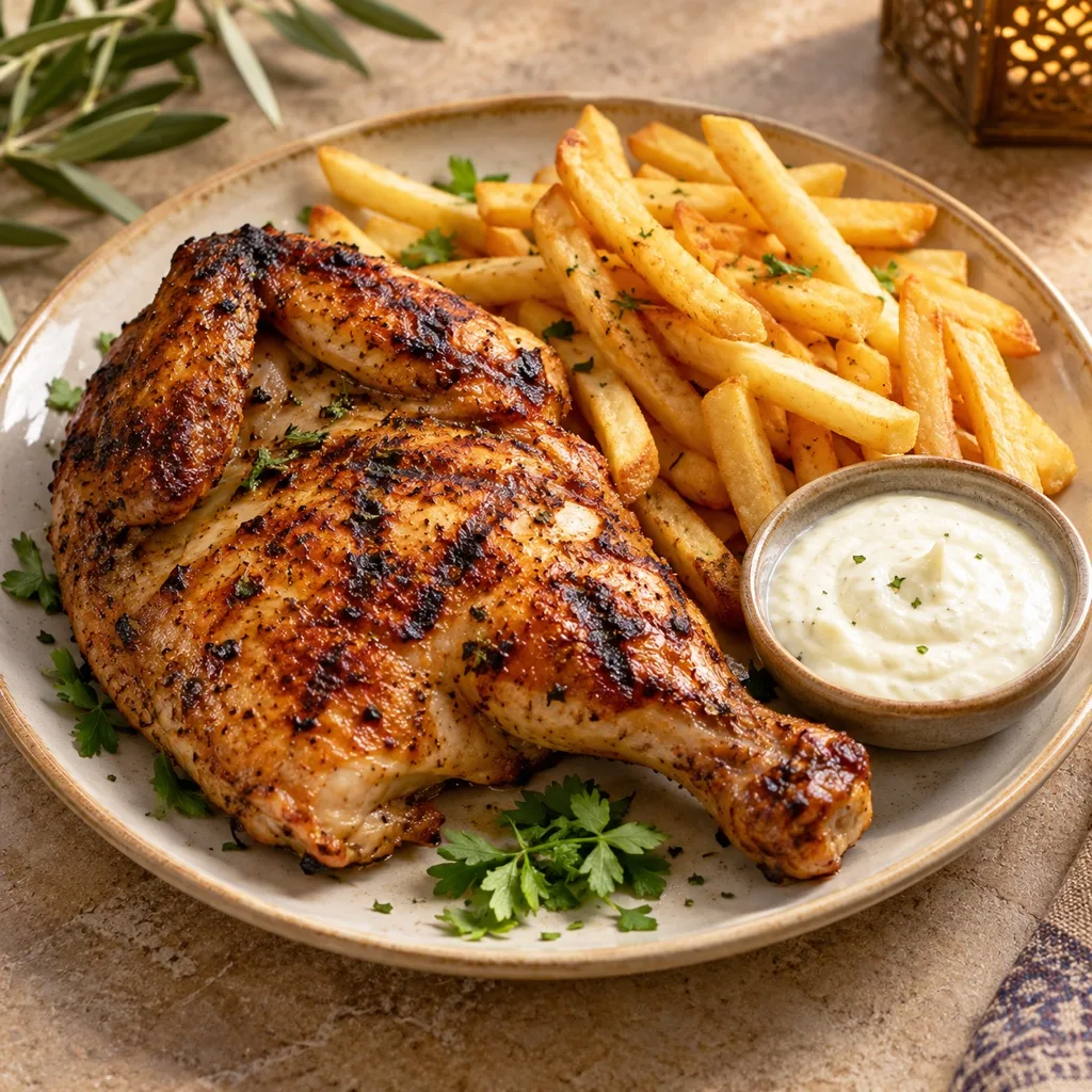 Charcoal-grilled chicken served at Shukran City in Ventas, Madrid